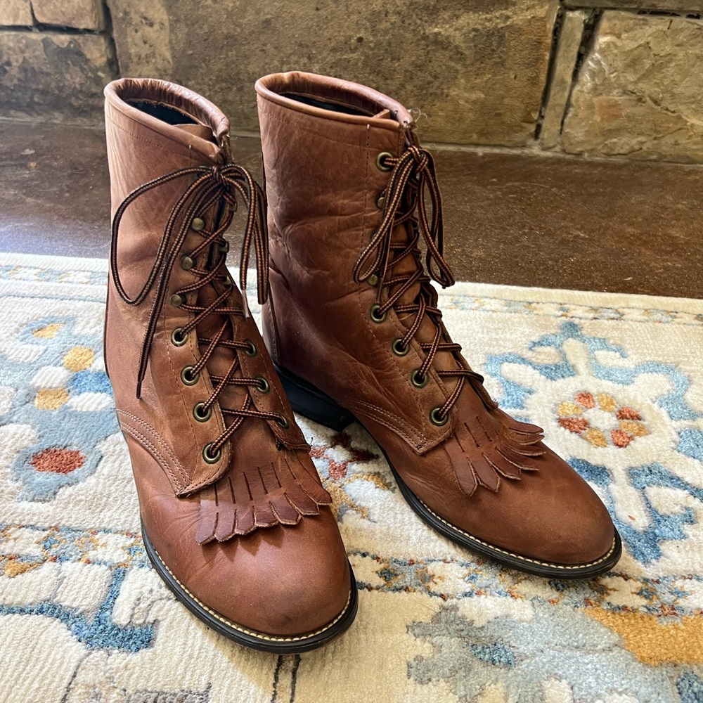 Women's Roper Laredo Vintage Lace Up Tan Brown Leather Western Boots 8.5 Fringe